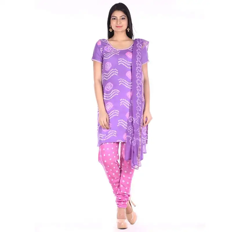 Purple and pink cotton unstitched bandhej dress material