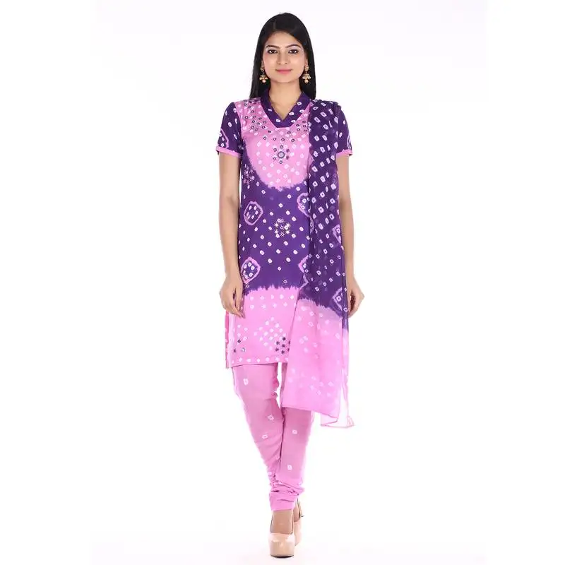 Pink and purple cotton unstitched bandhej dress material