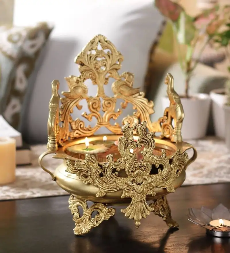 Brass ethnic peocock and elephant carving design brass urli