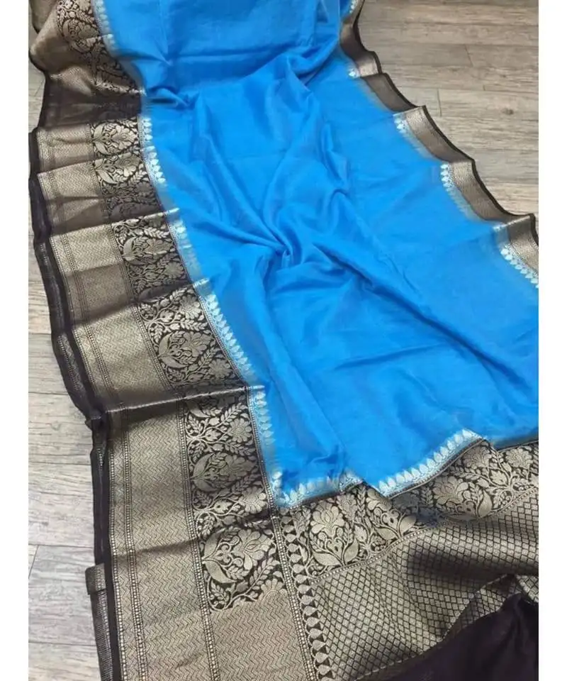 Blue handcrafted banarsi silk linen saree with contrast border