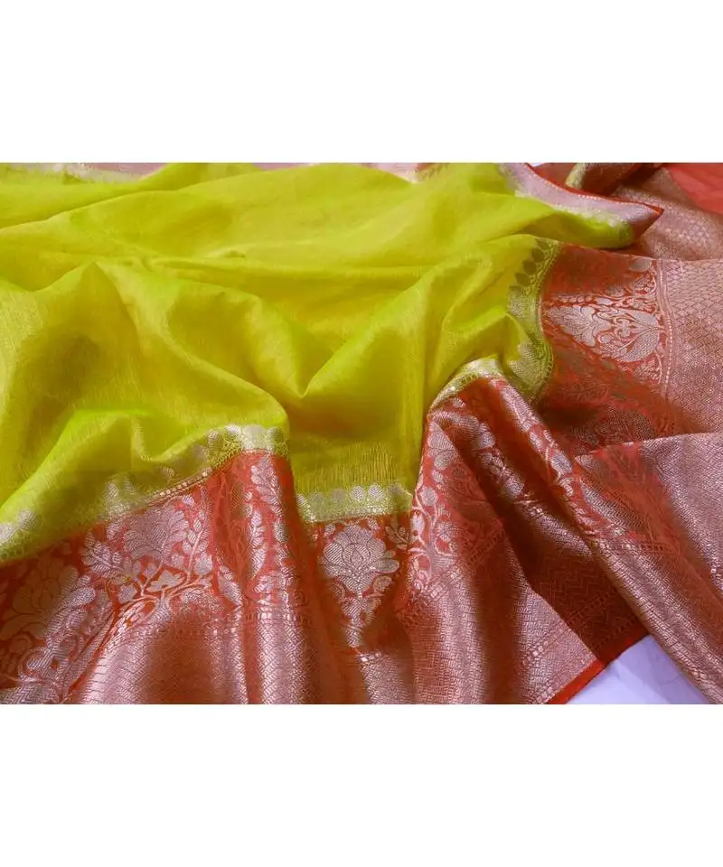 Yellow handcrafted banarsi silk linen saree with contrast border