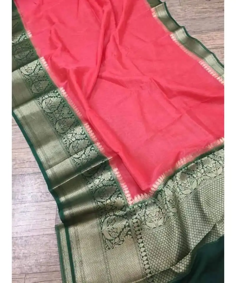 Red handcrafted banarsi silk linen saree with contrast border