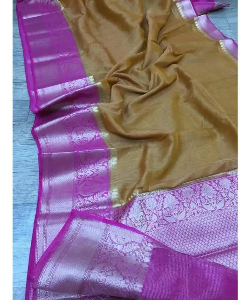 Purple handcrafted banarsi silk linen saree with contrast border