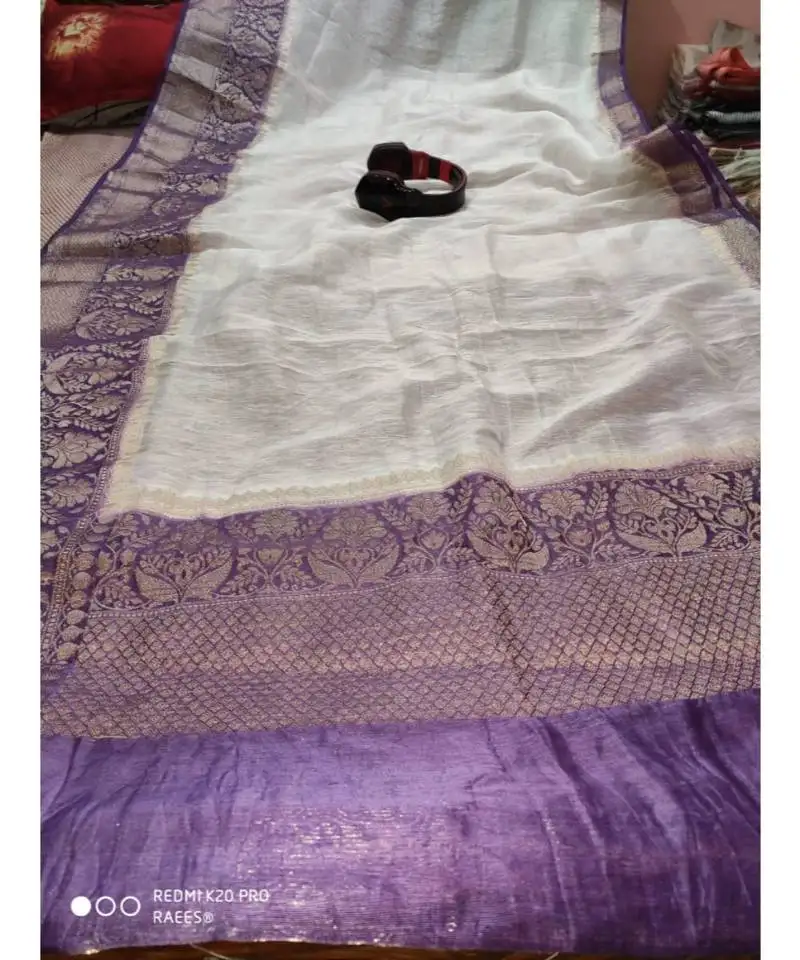 White handcrafted banarsi silk linen saree with contrast border