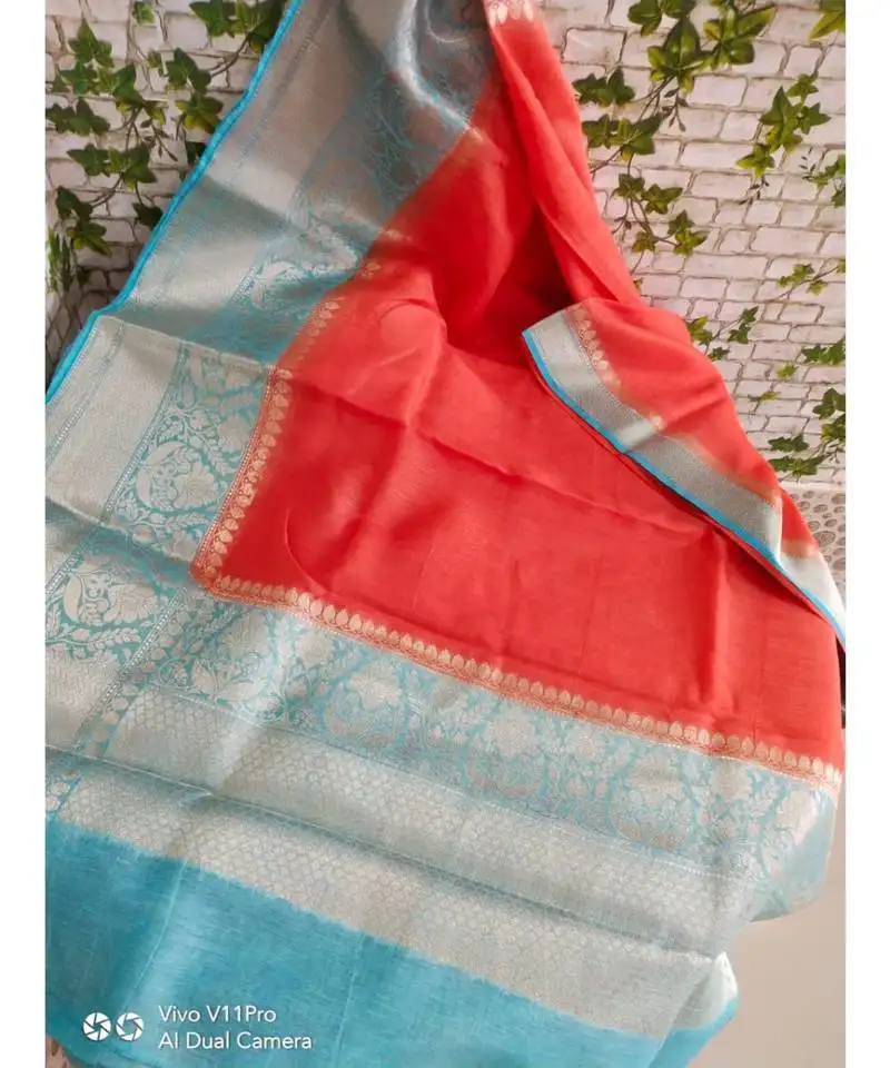 Multicolor handcrafted banarsi silk linen saree with contrast border