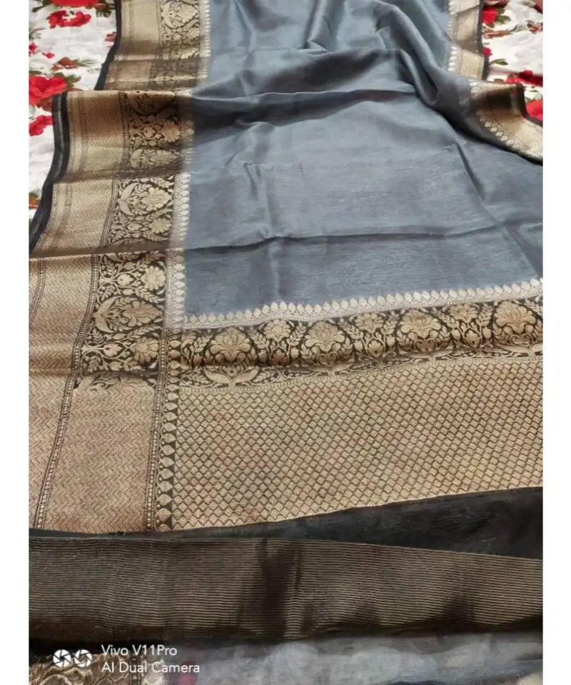 Grey handcrafted banarsi silk linen saree with contrast border