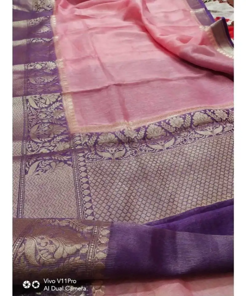 Pink handcrafted banarsi silk linen saree with contrast border