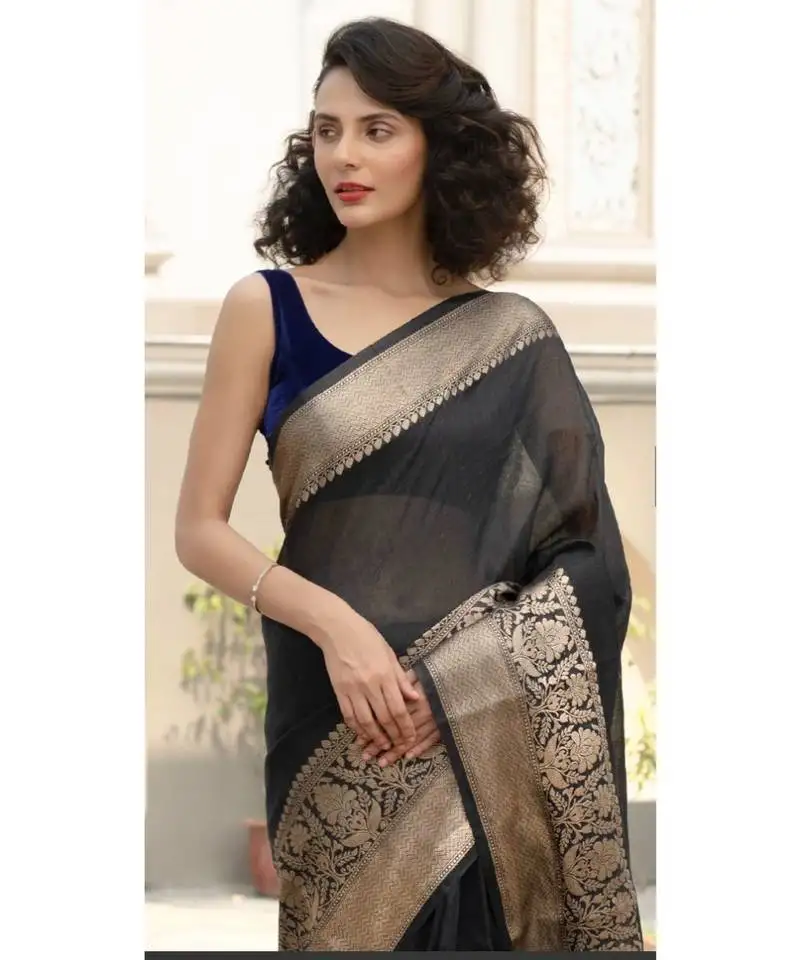 Black banarsi linen saree with blouse piece