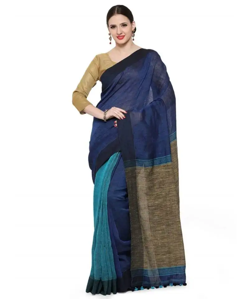 Blue dual shade handwoven pure linen saree with blouse piece