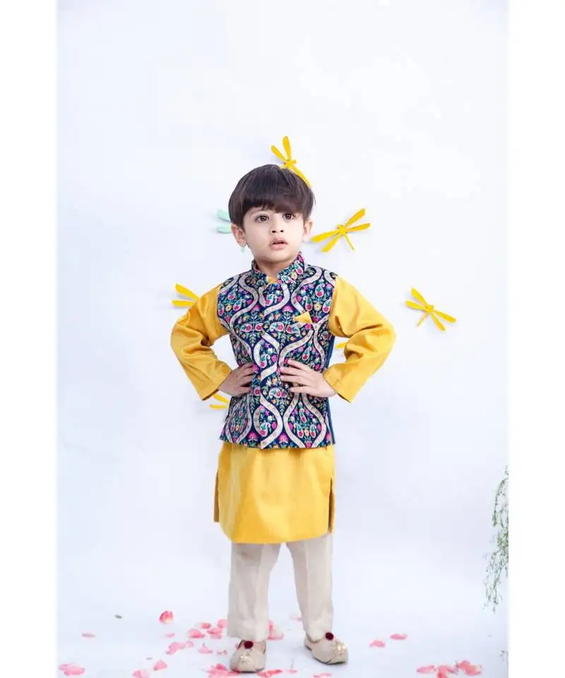 Blue velvet embroidered nehru jacket with kurta set for boys