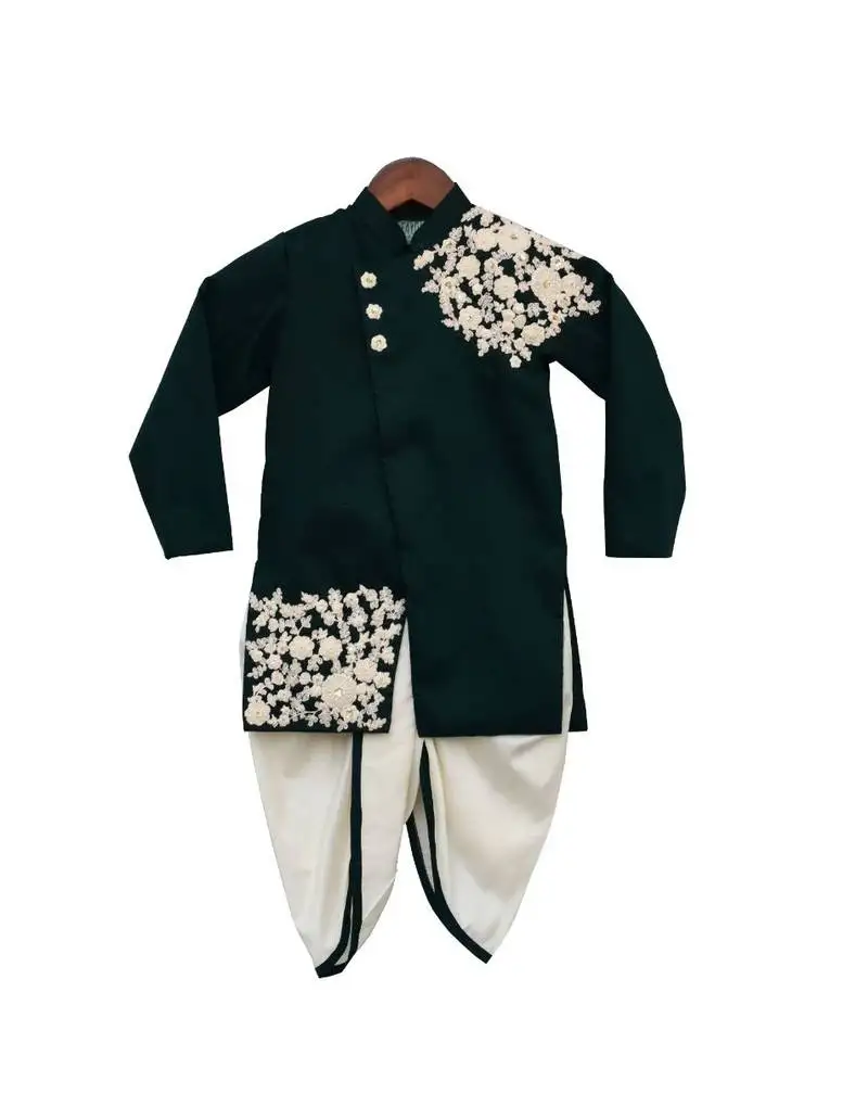 Bottle green embroidery achkan with dhoti