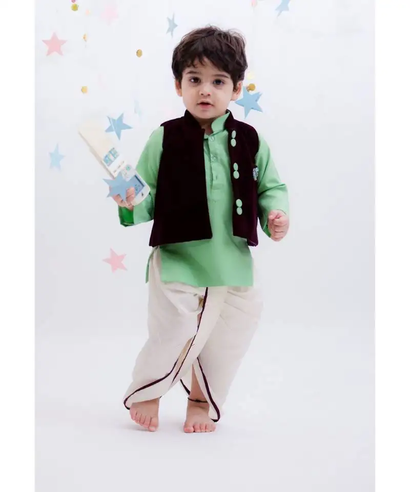 Velvet nehru jacket set with green kurta for boys