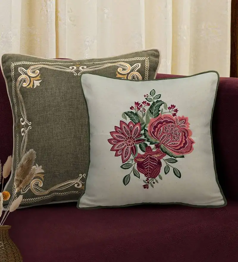 Buta embroidered cushion cover 16x16 – floral decorative pillow for sofa, couch & living room décor