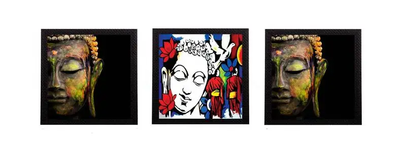 Set of 3 lord buddha satin matt texture uv art painting