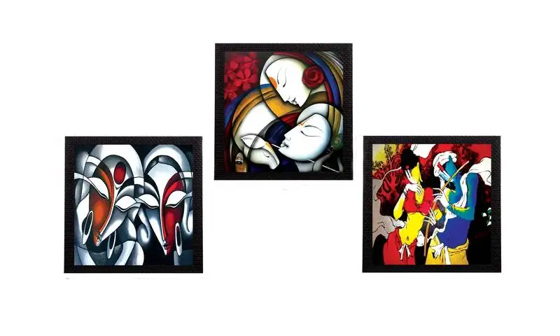 Set of 3 radha krishna with flute satin matt texture uv art painting