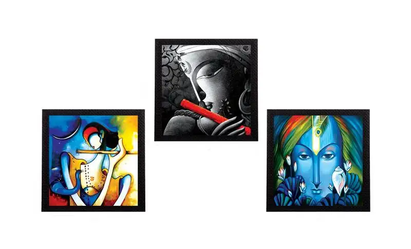 Set of 3 lord krishna satin matt texture uv art painting