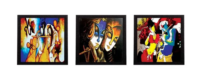 Set of 3 colorful radha and krishna satin matt texture uv art painting