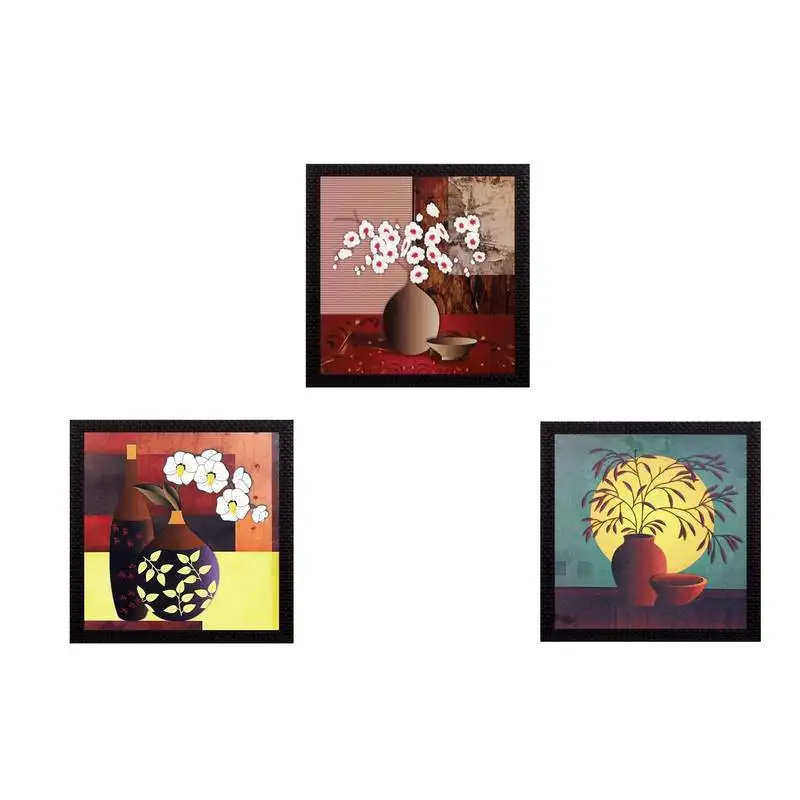 Set of 3 decorative botanical floral pot satin matt texture uv art painting