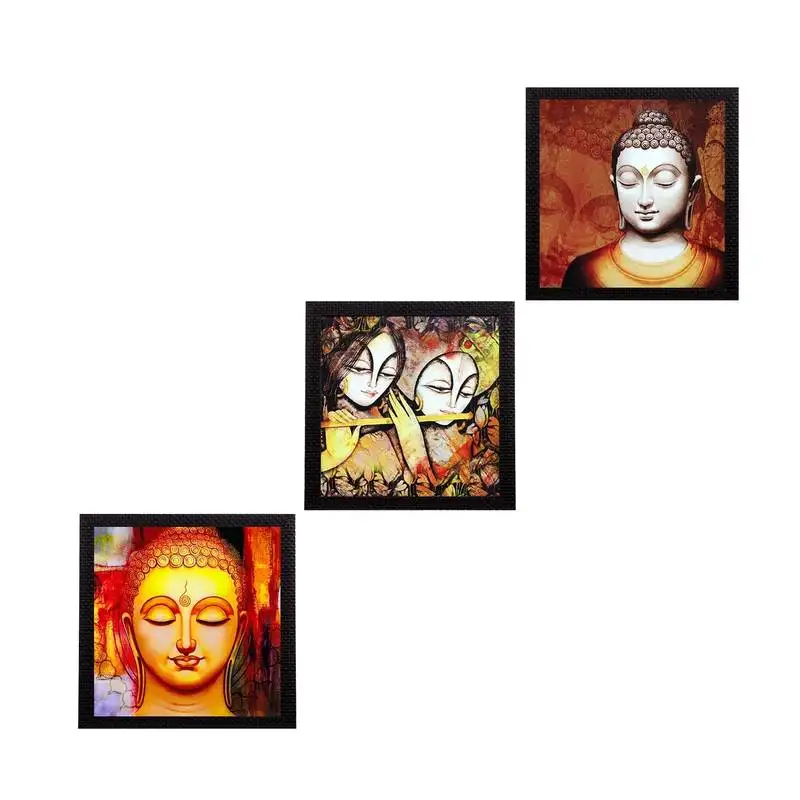 Set of 3 radha krishna and buddha satin matt texture uv art painting