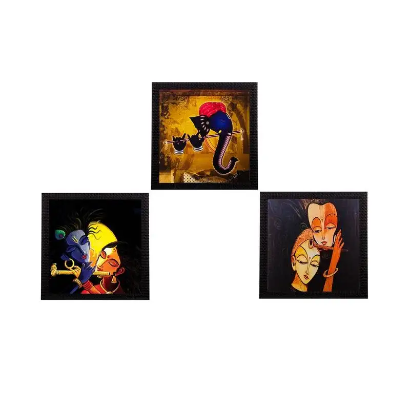 Set of 3 radha krishna and ganesha satin matt texture uv art painting