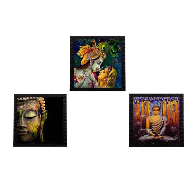 Set of 3 radha krishna and lord buddha paper painting