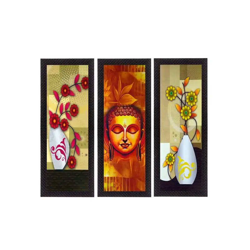 Set of 3 lord buddha and botanical floral satin matt texture uv art painting