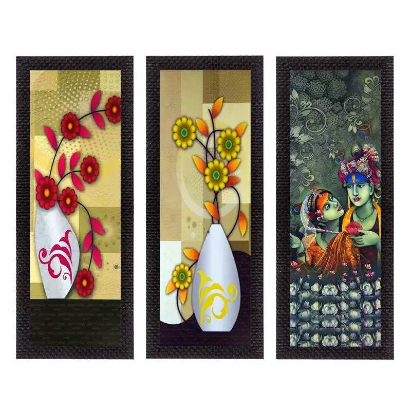Set of 3 radha krishna and botanical satin matt texture uv art painting