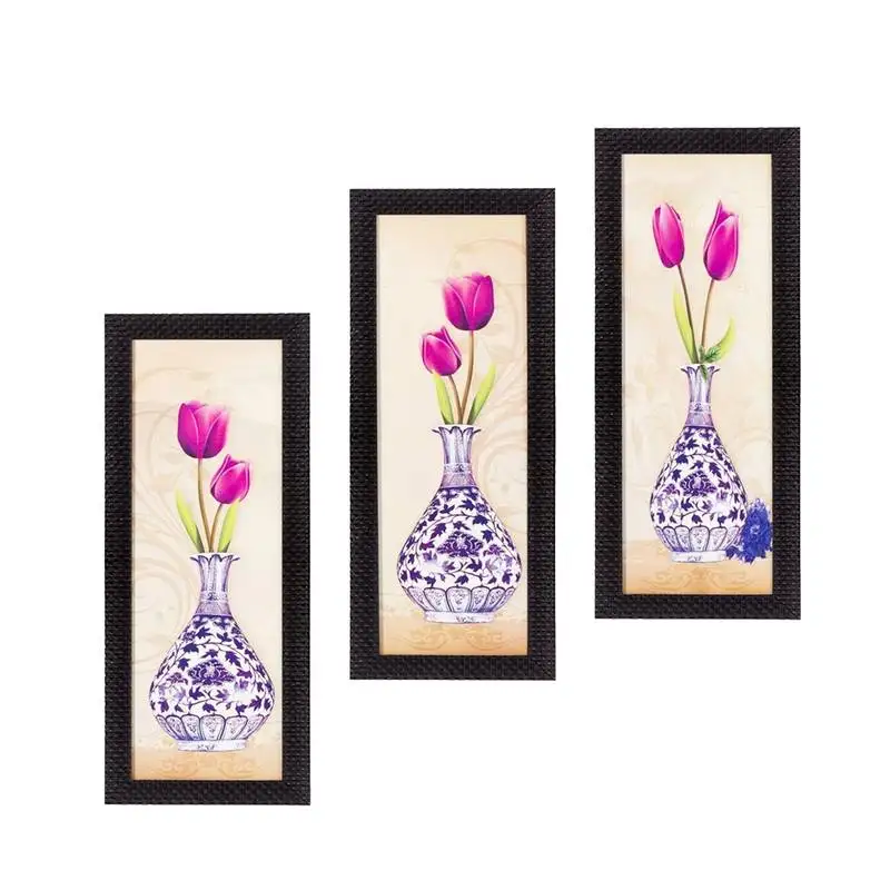 Set of 3 decorative floral botanical pot satin matt texture uv art painting