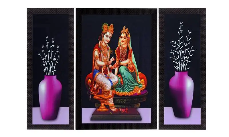 Set of 3 lord krishna radha and flowers satin matt texture uv art painting