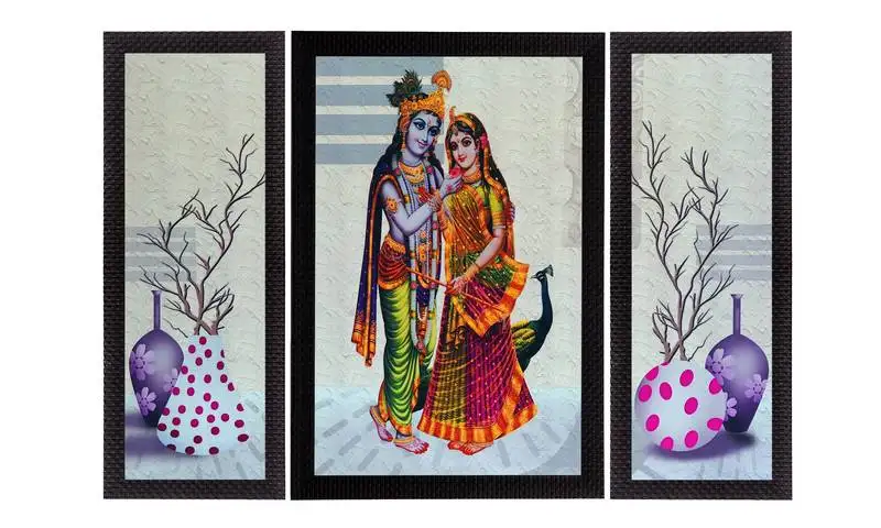 Set of 3 floral and radha krishna satin matt texture uv art painting