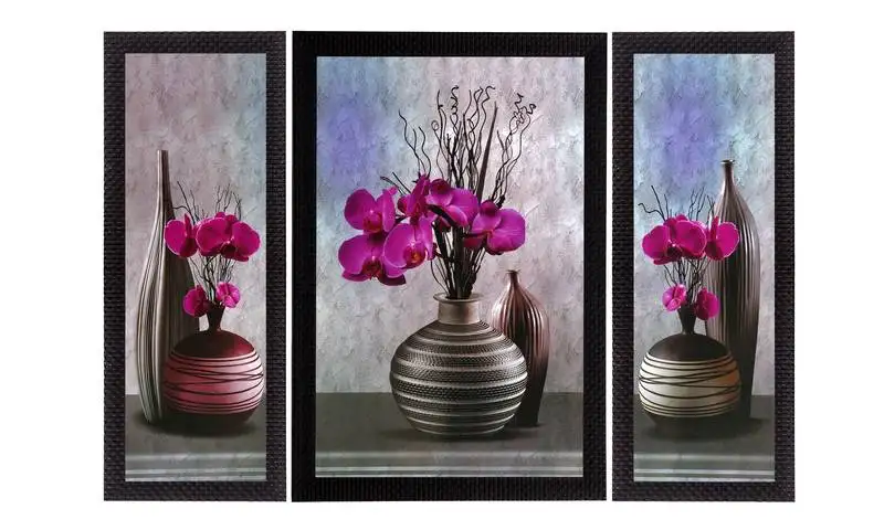 Set of 3 pink flower and vase satin matt texture uv art painting