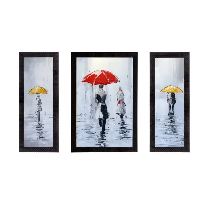 Set of 3 loving couple under umbrella in rain satin matt texture uv art painting