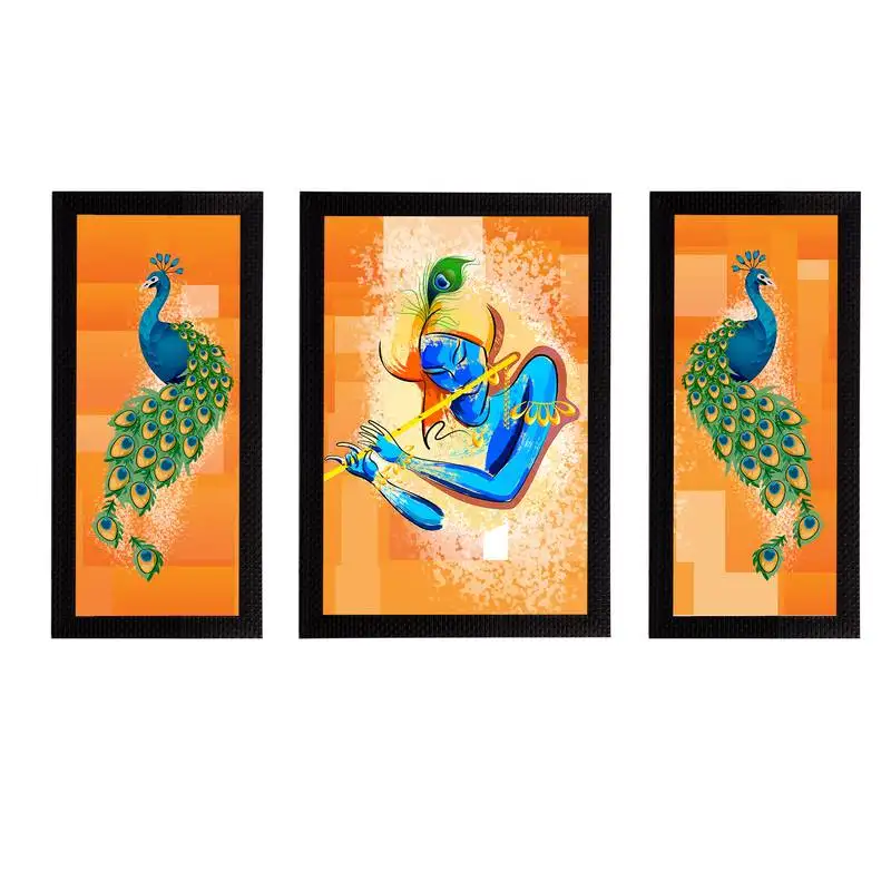 Ecraftindia set of 3 lord krishna satin matt texture uv art painting