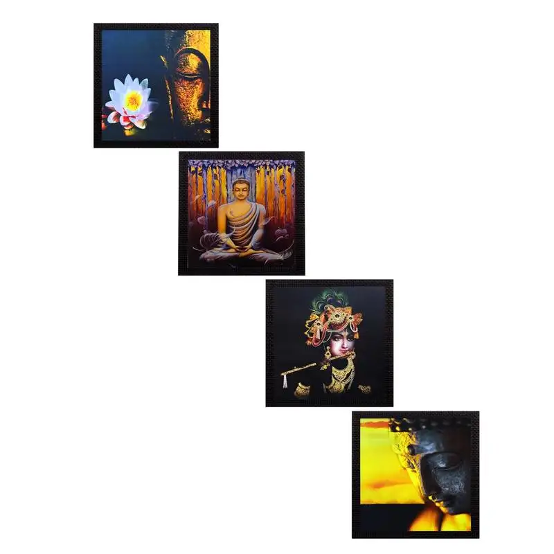 Set of 4 krishna and buddha satin matt texture uv art painting