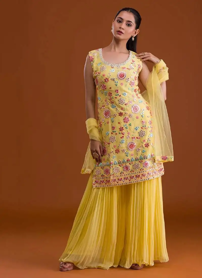 Beautiful georgette palazzo suit in yellow color for women semi stitched