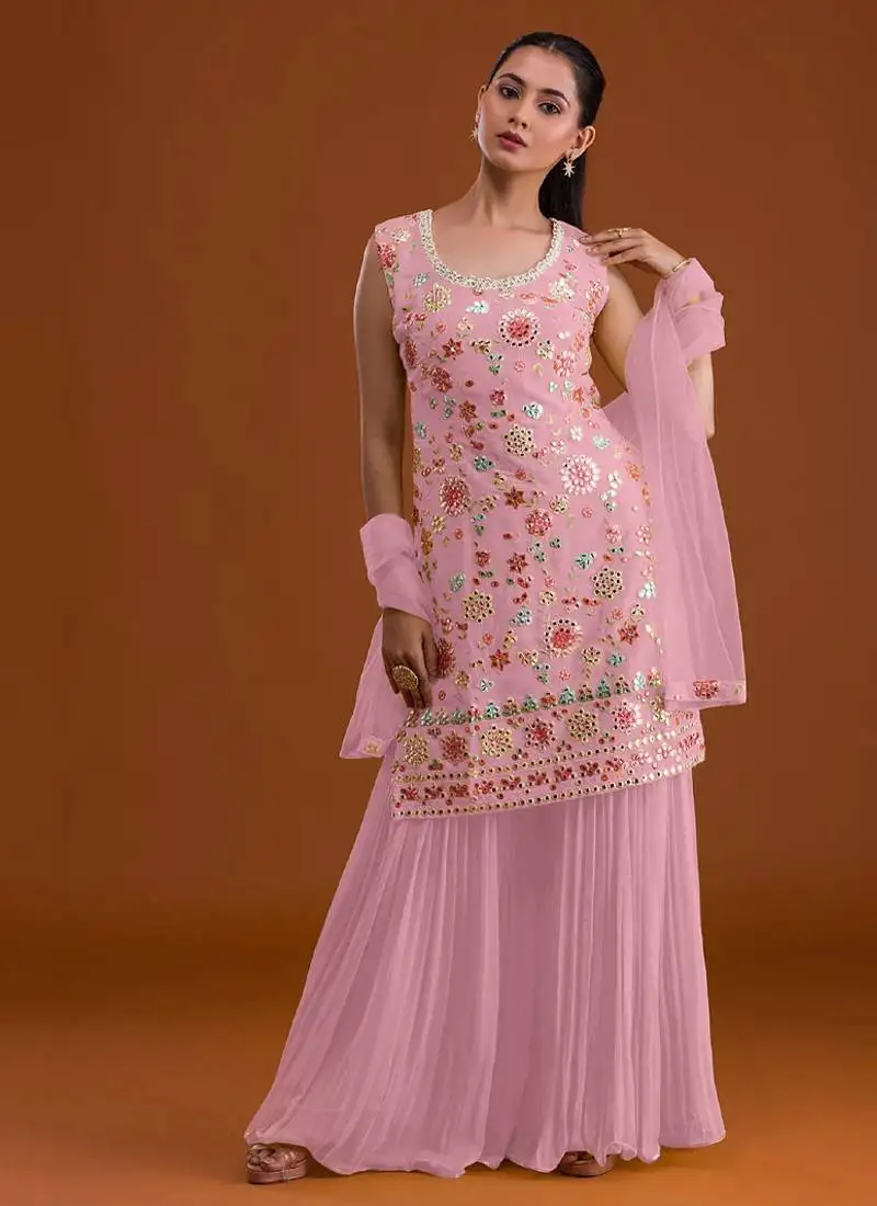 Beautiful georgette pink suit in yellow color for women semi stitched