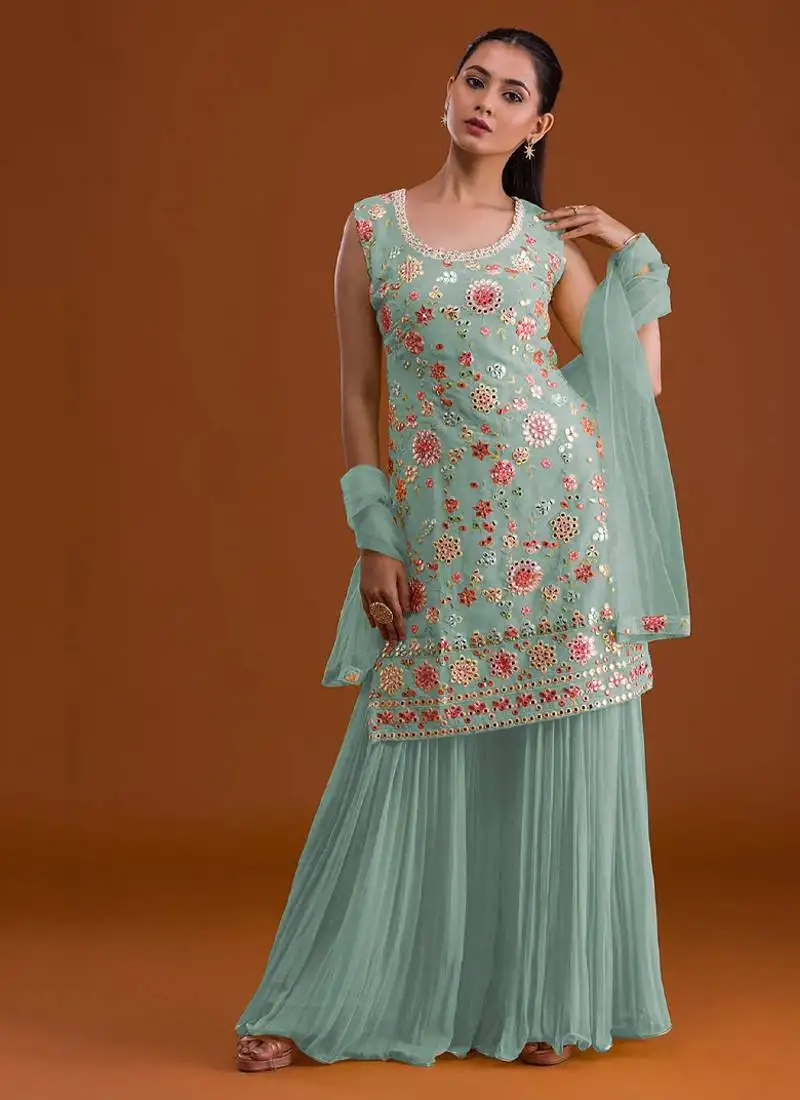 Beautiful georgette sky blue suit in yellow color for women semi stitched