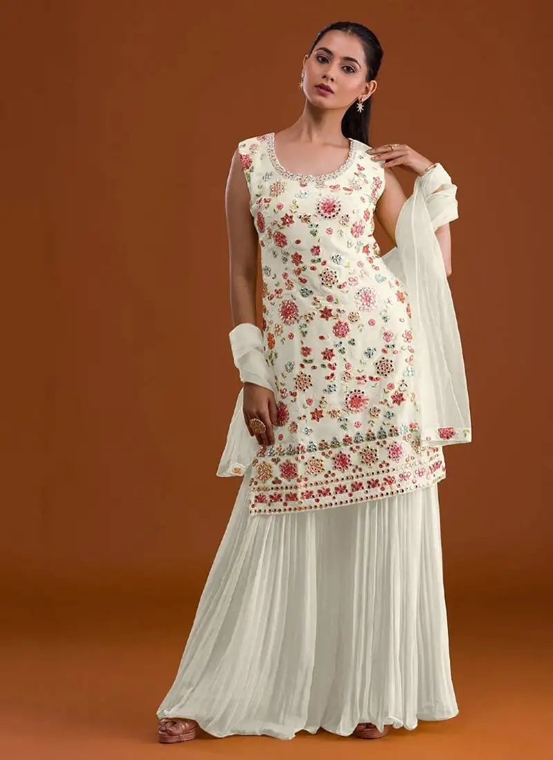 Beautiful georgette white suit in yellow color for women semi stitched