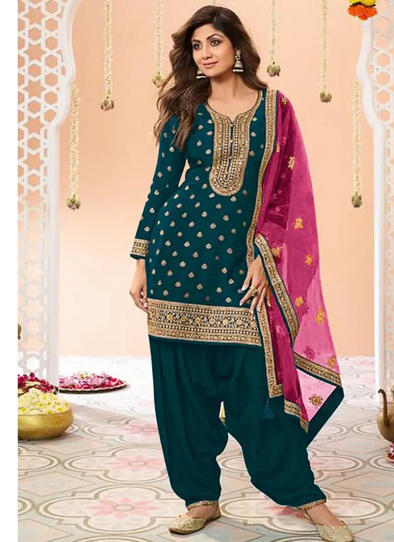 Latest teal silk patial suit with contrast dupatta for women semi stitched