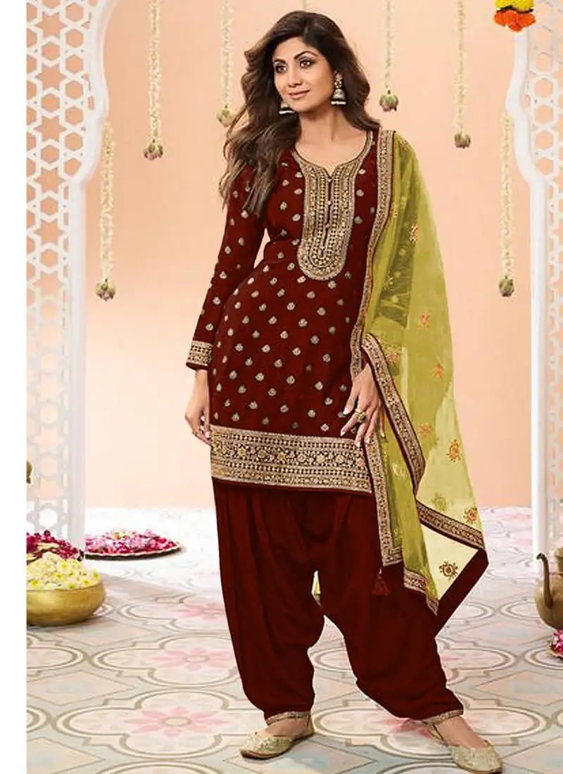 Latest maroon silk patial suit with contrast dupatta for women semi stitched