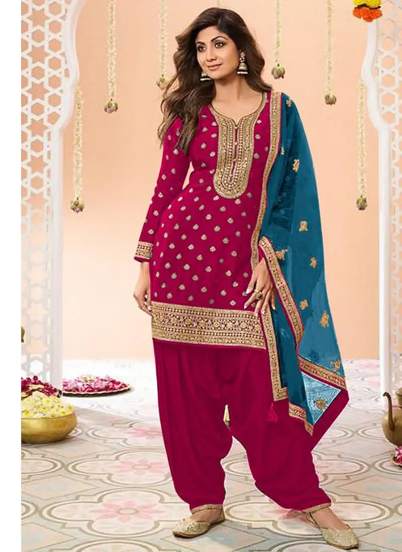 Latest rani pink silk patial suit with contrast dupatta for women semi stitched
