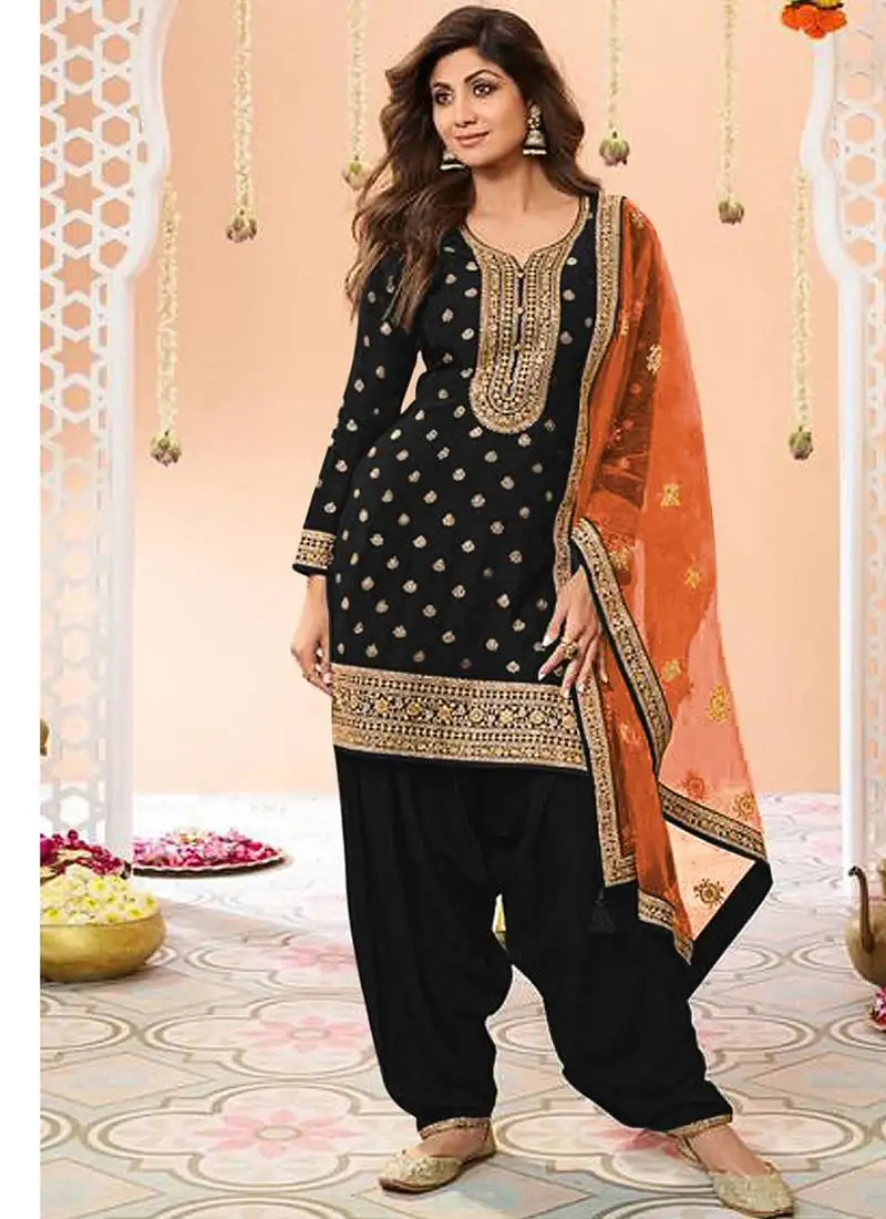 Latest black silk patial suit with contrast dupatta for women semi stitched
