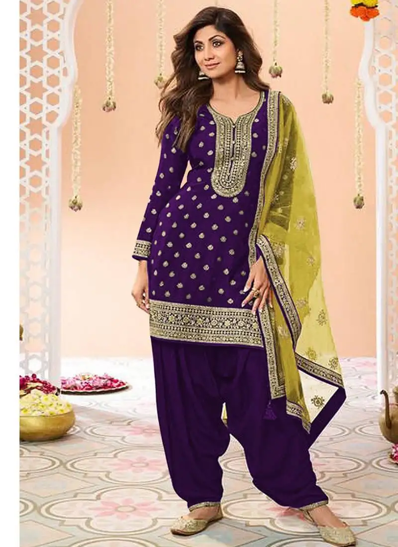 Latest purple silk patial suit with contrast dupatta for women semi stitched