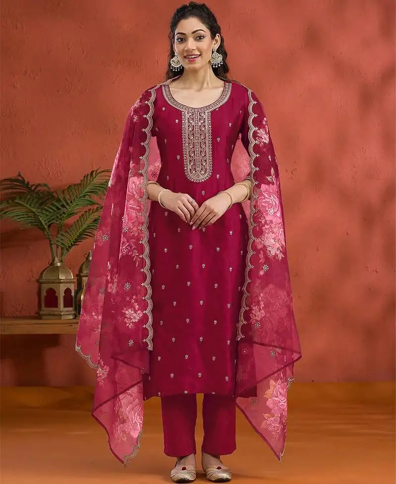 New pink vichitra silk based long suit for women summer wear semi stitched