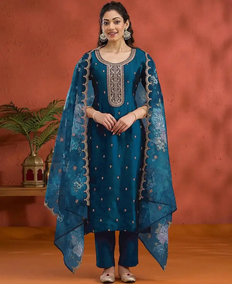 New blue vichitra silk based long suit for women summer wear semi stitched