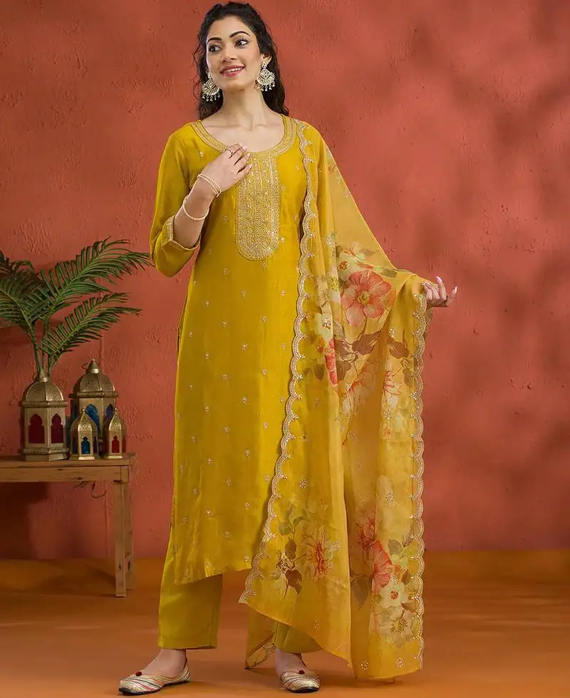 New yellow vichitra silk based long suit for women summer wear semi stitched