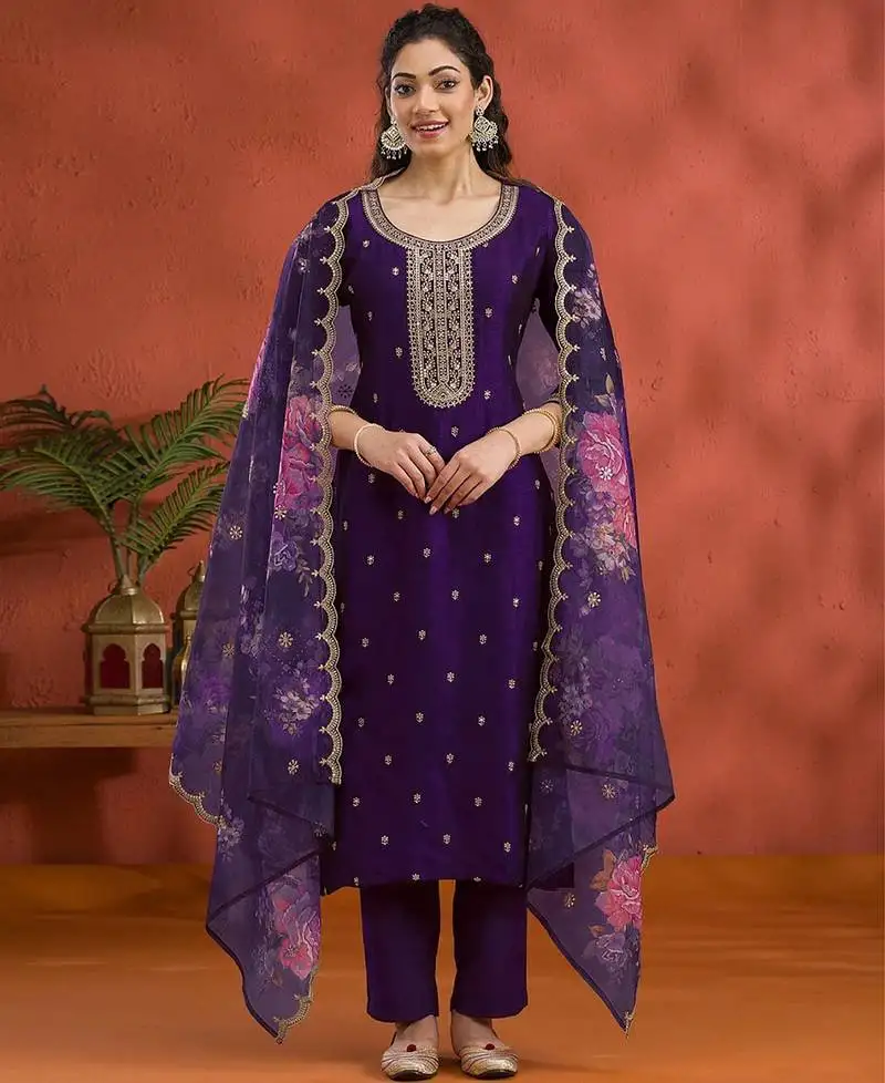 New purple vichitra silk based long suit for women summer wear semi stitched