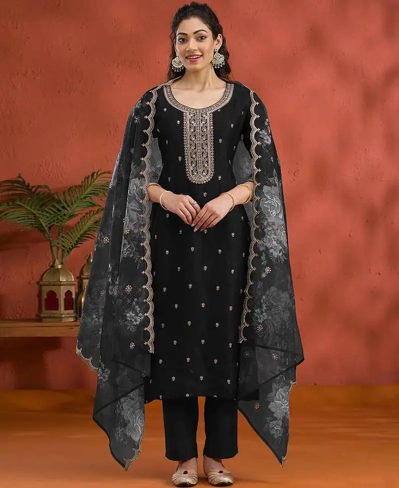 New black vichitra silk based long suit for women summer wear semi stitched