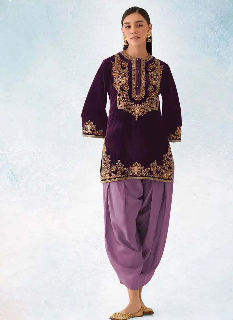 Purple velvet patiala suit for women with ombre dupatta semi stitched