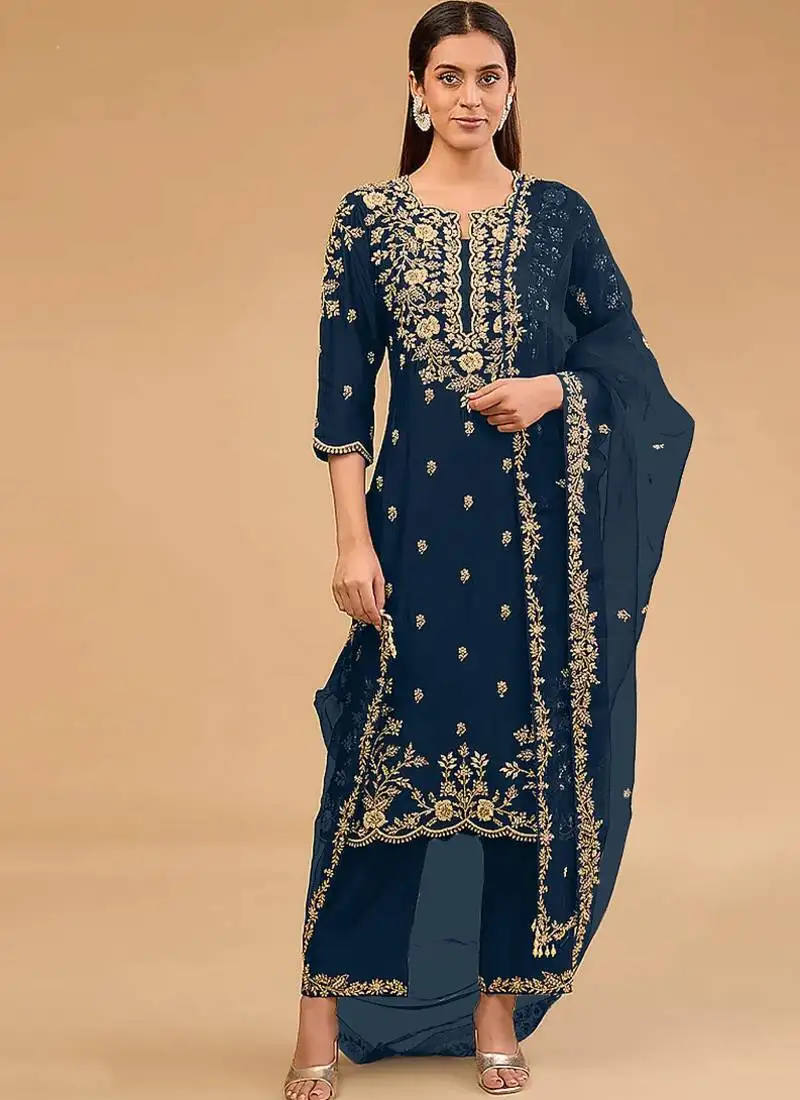 Simple and sober teal vichitra silk suit for women semi stitched